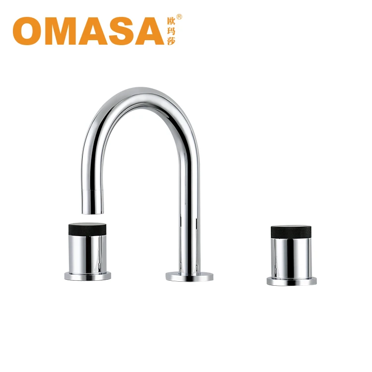 OMASA  triple hole deck mounted double handle Curved brass body washing basin hot cold faucet