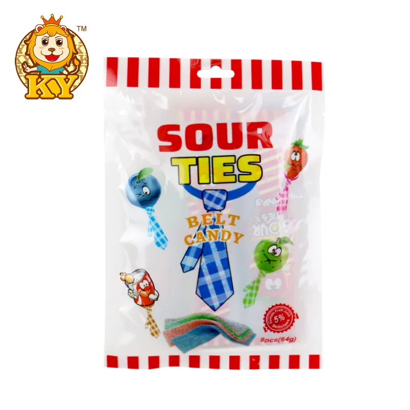 Wholesale custom sugar coated rainbow tie sour candy licorice belts soft gummy candy tape stick