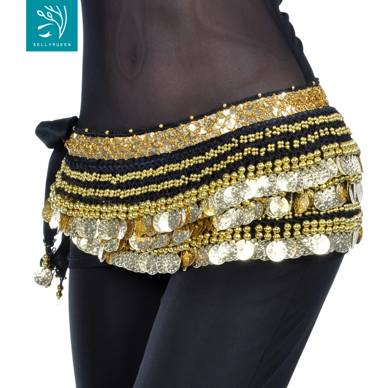 Velvet belly dance hip scarf with 338 gold coins BellyQueen