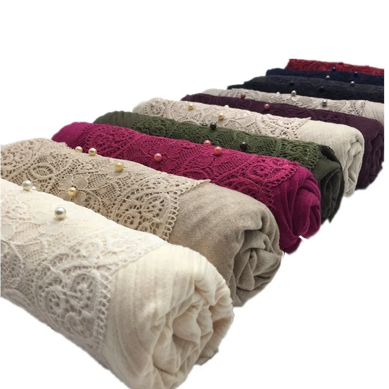 Hot sale texture crepe scarf  beautiful lace  hijabs with beaded cotton viscose shawls for Muslim women