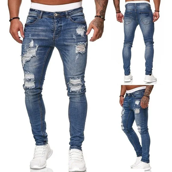 Hole grind white slim-fit denim trousers fashion distressed mid-waist pants for men