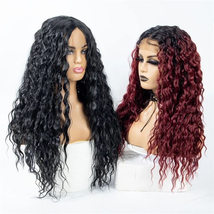 New Temperature Fiber long Curly Synthetic Wigs Natural Looking  Black water wave lace front wig for black Women
