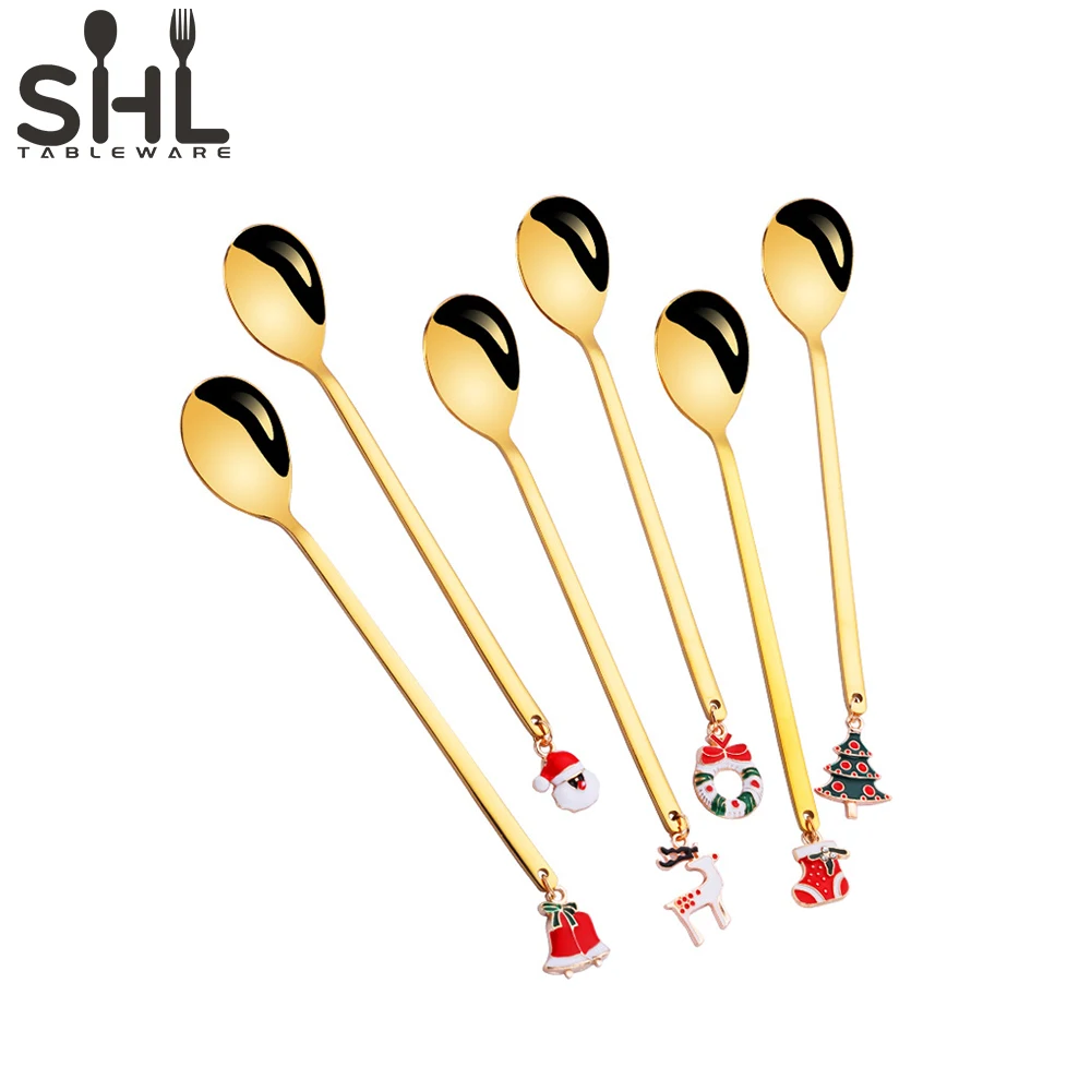304 Stainless Steel Christmas Design Gold Stirring Cute Dessert Coffee Spoon Fork Set For Gift