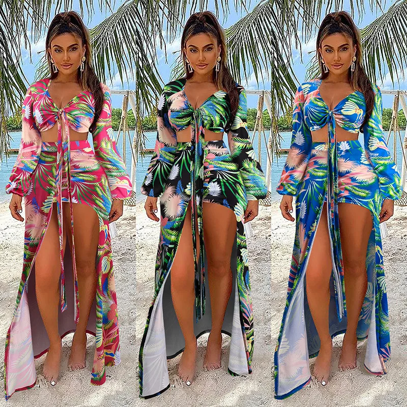 
2021 Hot Solid Color Sleeve V-Neck Print Big Swing Long Sleeve Swimwear & Beachwear Two Pieces Swimming Set Women Girls Bikini 