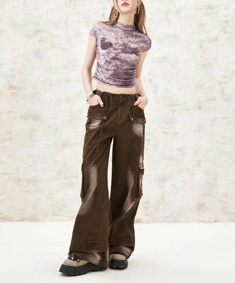 Washed Baggy Loose Trousers Washed New Y2K Women High Waist Multi Jeans Buggy Pockets Cargo Pants Punk Style Faux Jeans