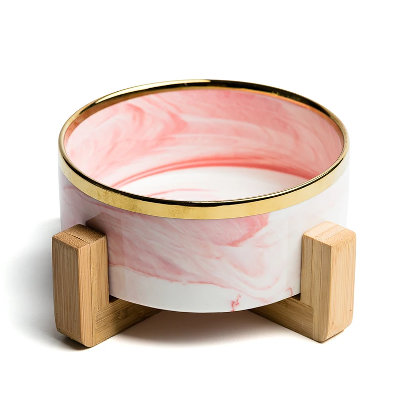 Jade-cer Wholesale Marbling Ceramic Pet Dog Cat Food And Water Bowl With Wooden Frame Stand