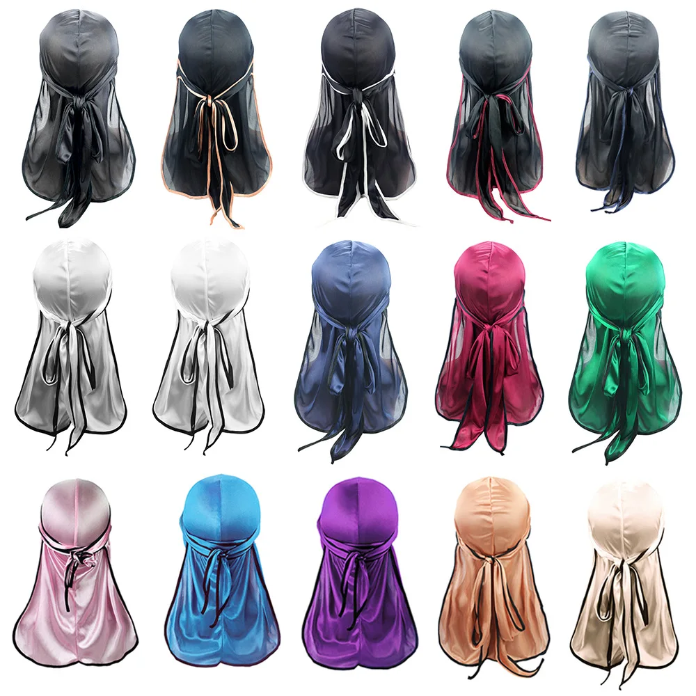 Wholesale Custom Logo Long Tail Satin Durag Silky Designer Hip Hop Headband Silk Durag