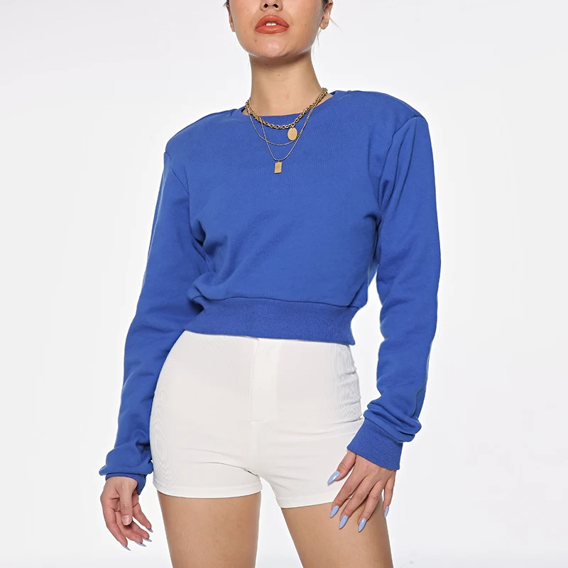 2021 однотонный синий пуловер с принтом женская спортивная одежда 100% хлопок однотонная толстовка круглым вырезом женские толстовки