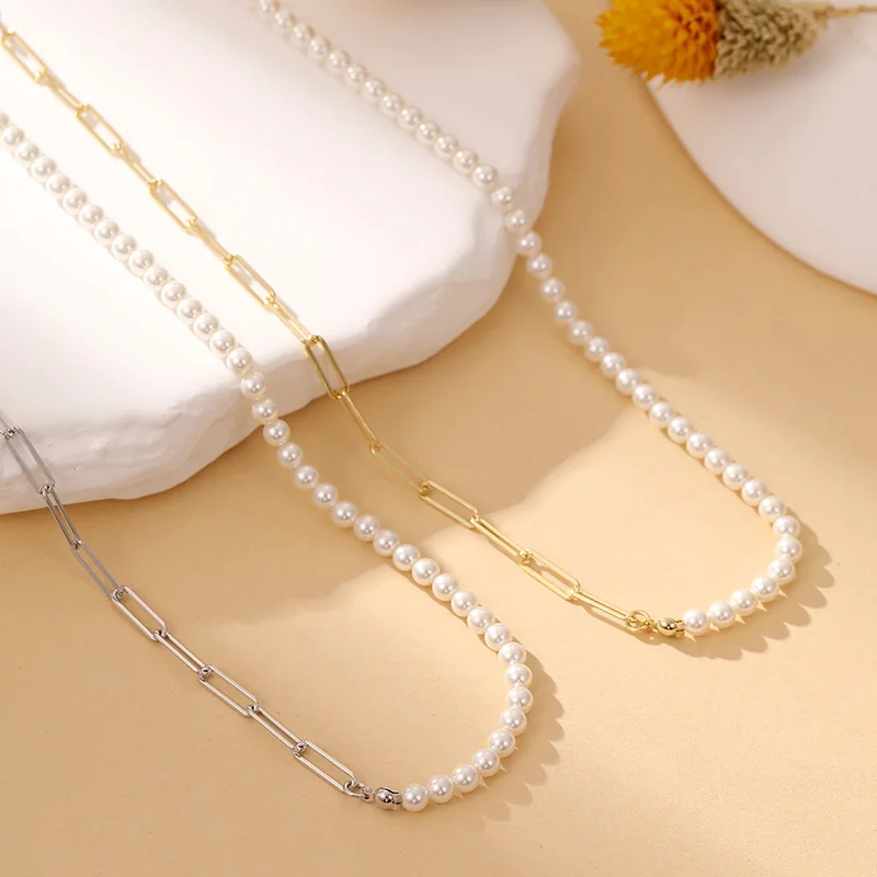 New Stylish Silver Necklace Half Shell Pearls & Half 925 Sterling Silver Clip Chain 18K Gold Plated Silver Necklace