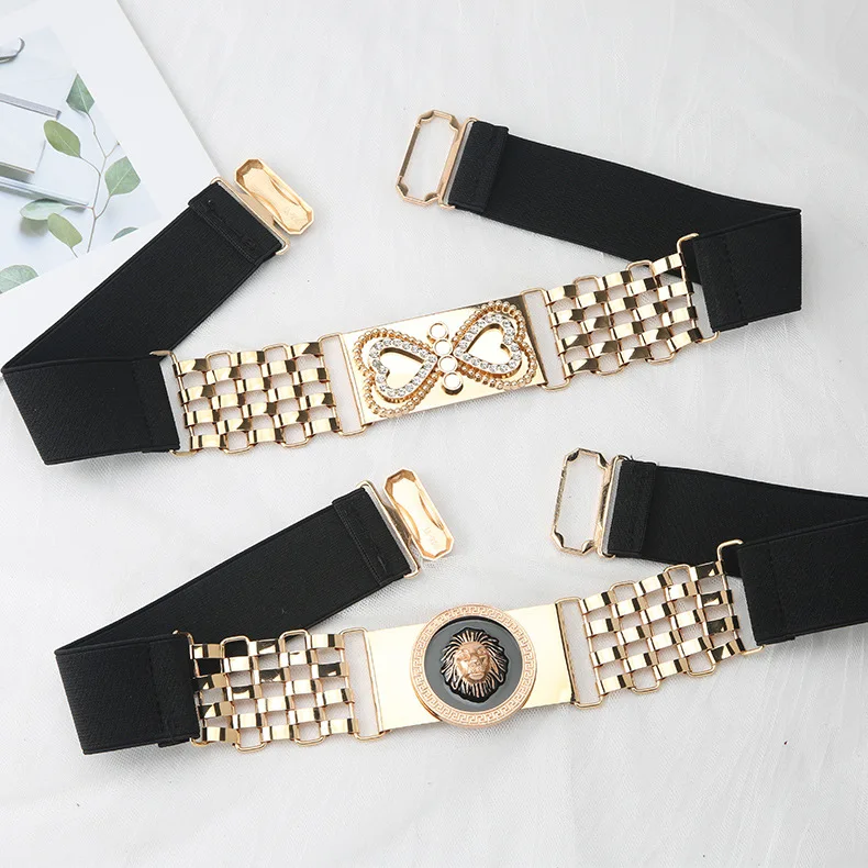 Black Elastic Gold Heart Chain Belts, Lion Head Decoration Stretch Belts for Women