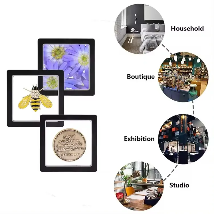 9*9cm 3D Floating Frame Display Case PE Film Suspension Box for Earrings Bracelet Necklace Jewelry Lipstick Medal Sample Storage