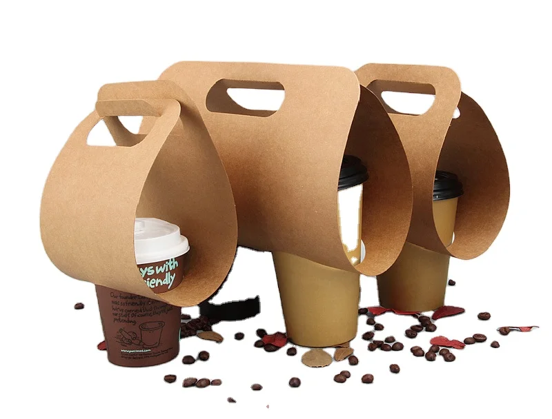 Disposable Paper Milk Tea Coffee Cup Holder Tray with Handle Kraft Paper Beverage Offset Printing Paper