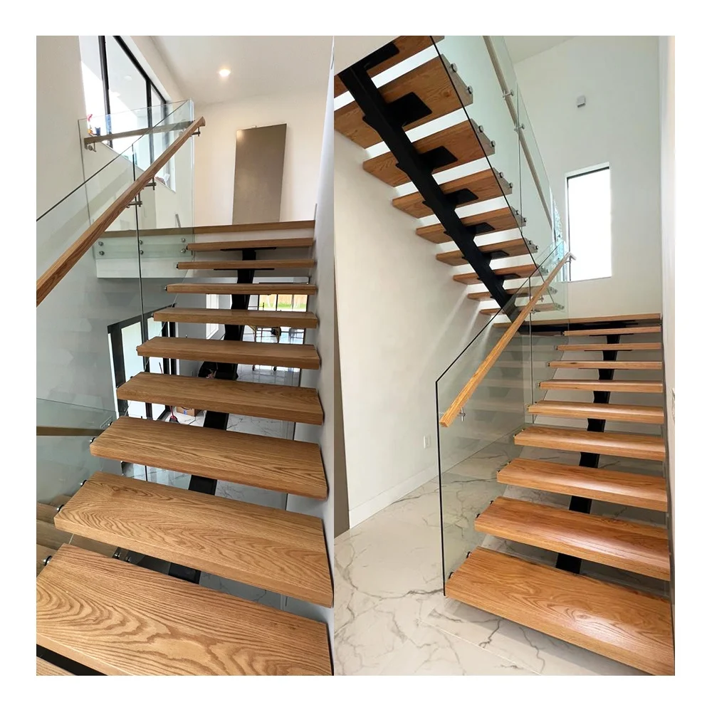 GAOBO Factory Prefabricated Stair Case Indoor Glass Railing Red White Oak Beech Solid Wood Step Steel  Floating Stair Design