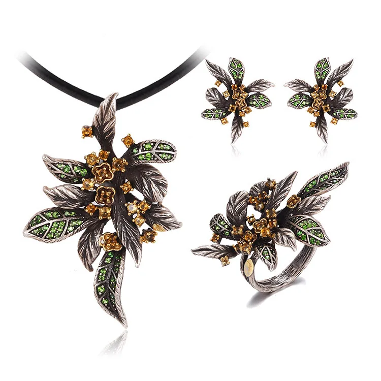 925 Sterling Silver Jewelry Cute Topaz Diopside Flower Set with Black Gold Plated