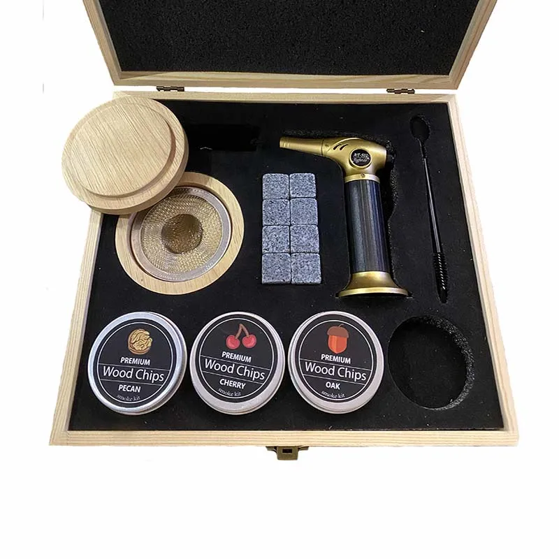 Luxury Wooden Cocktail Smoker Kit Handmade Cocktail Chimney Smoker with Wood Chips Spoons Whiskey Smoker Set
