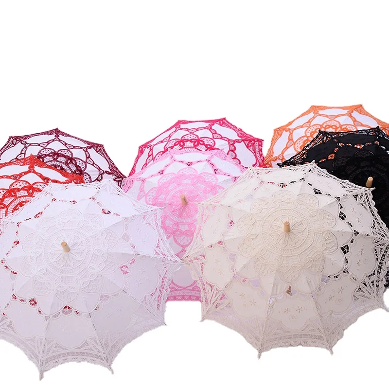 SS-381 Vintage Lace Parasol White Cotton Embroidery Wedding Bridal Umbrella