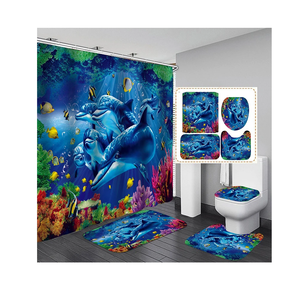 2022 wholesale animal Dolphin cheap shower bathroom waterproof curtain shower curtains hookless for kids