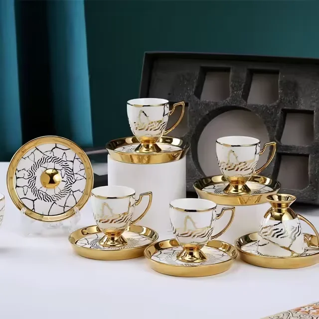 Chinese Custom Luxury Golden 6 Pcs Set Gift Box Porcelain Tea Saucers Turkish Coffee Ceramic Cup Set With handle