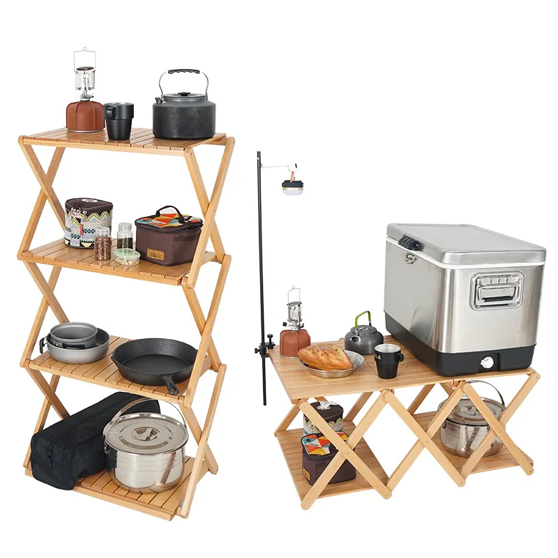 Outdoor Solid Wood Folding Table Camping Picnic Multi-Layer Storage Rack Travel Multi Function Portable Folding Tables