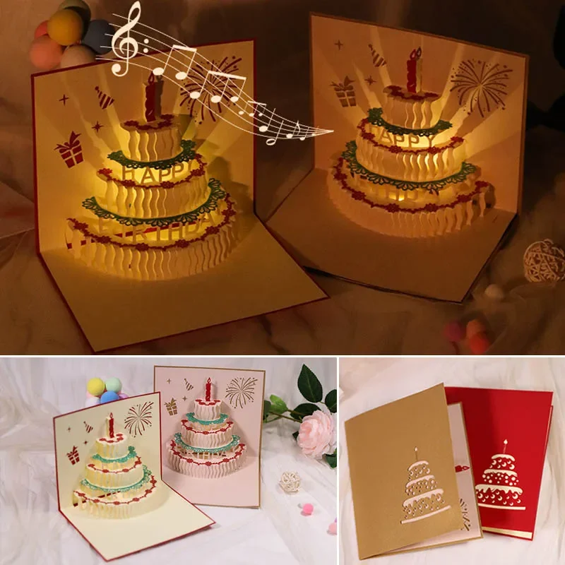 3D Pop Up LED Light Happy Birthday Anniversary Invitation Card with Music Laser Cut Luxury Greeting Paper Gift Card