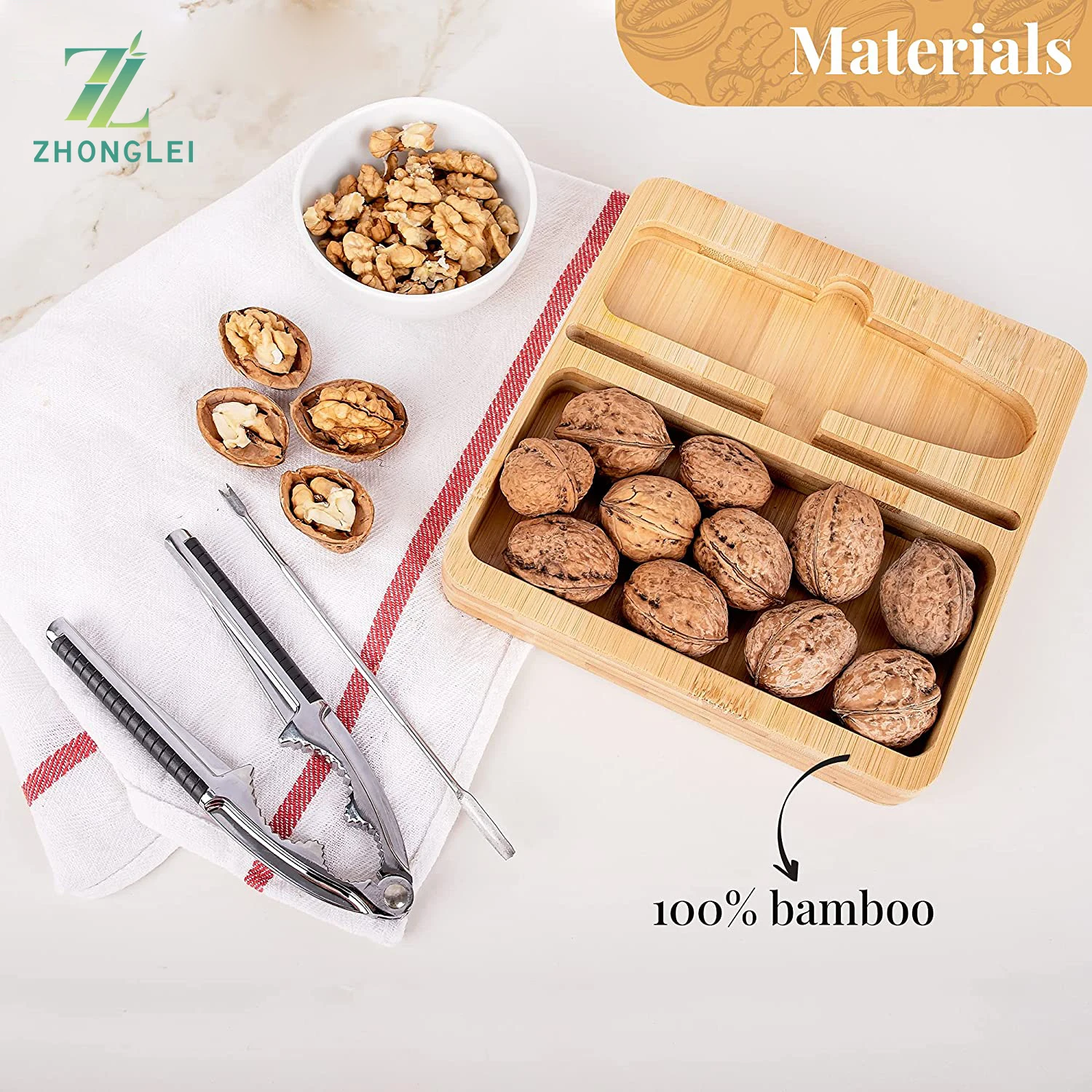 Nutcracker with Bamboo Tray and Pick Set - Heavy Duty Metal Hand Cracker for Hard Shell Nuts Pecan Pistachio Walnuts