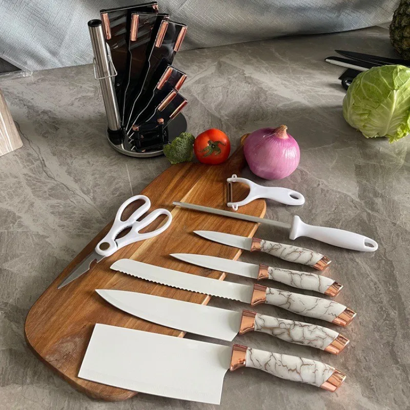 9PCS Knife Sets Marble Handle Rotating Kitchen Tool Meat Chef Bread SliceMeat Chef Bread Slice  Utility Paring Knives