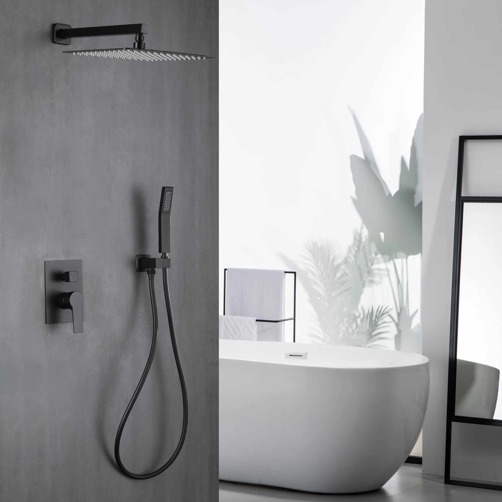 wall mount matte black bathroom thermostatic waterfall rainshower showerhead shower system with handheld shower head