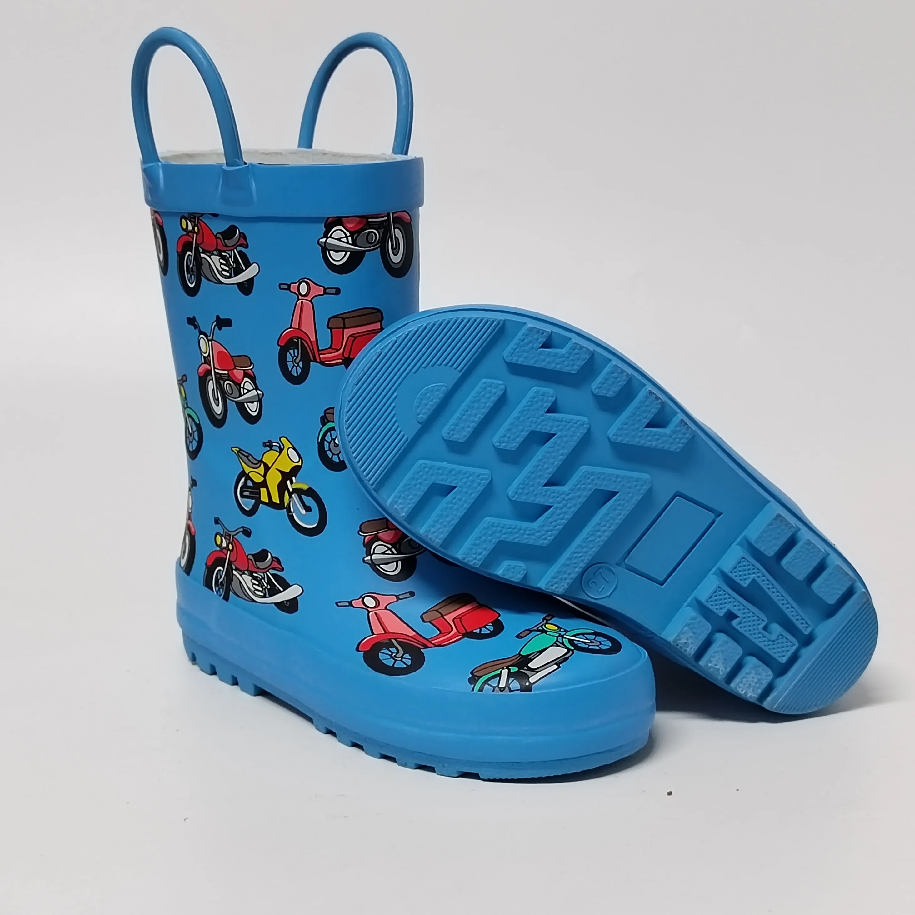 factory customized motorbike printed 100% waterproof rubber rain boots for children