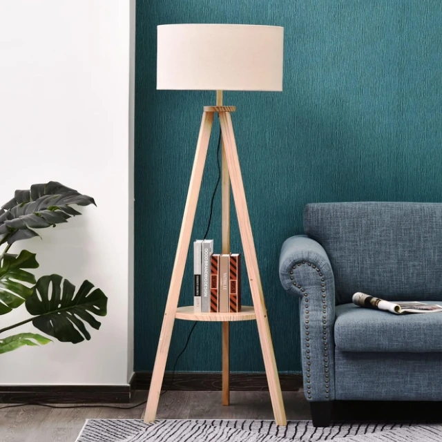 Modern Minimalist Tripod Floor Lamp With  Wood Stand White Shade For Hotel Design Living Room Decoration
