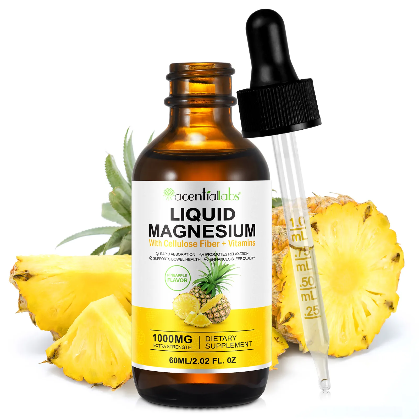 Acentiallabs 60ml liquid magnesium magnesium glycinate 500mg supplement liquid drops with cellulose fiber vitamins