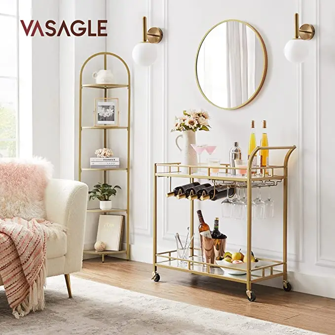 Hotel Furniture Drink Beverage Cart Gold Frame Rolling Bar Carts Acrylic Glass 2 Shelves Food Serving Trolley Cart