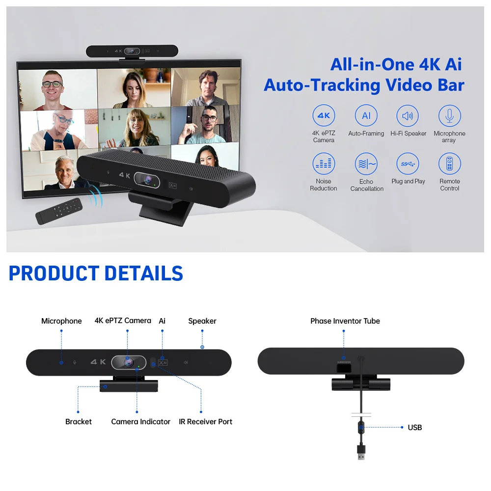 Table Video Conference System Microphone with Speaker 4k Camera Portable Mini Led Conference Light Video