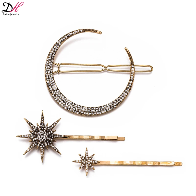 Europe and the United States and the wind hair decoration retro geometric diamond moon snow star hairpin set word clip