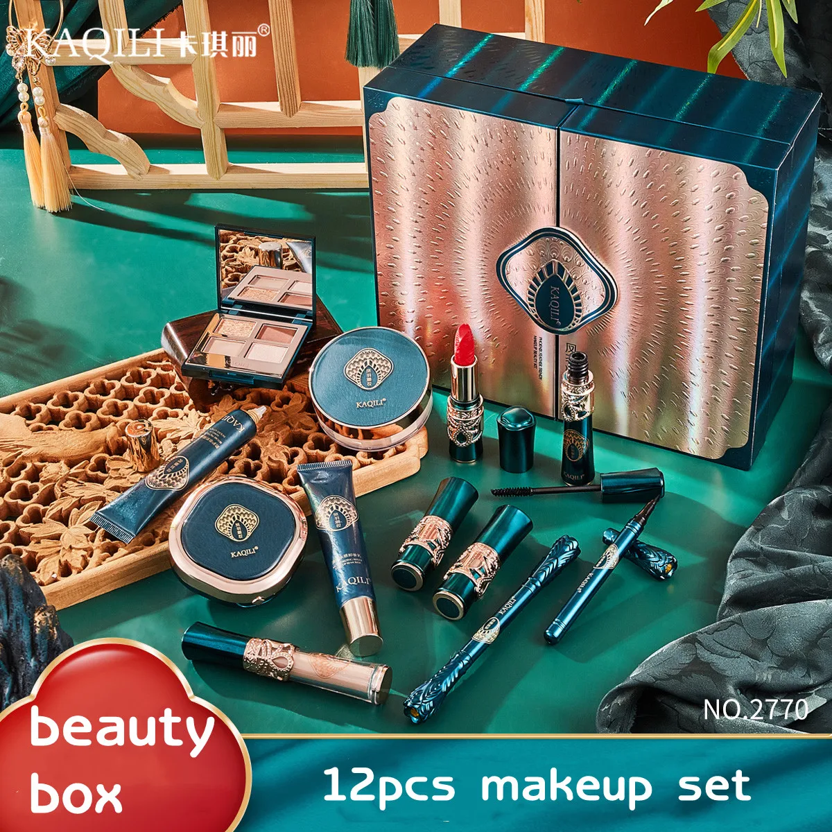 Kaqili easy taken 12pcs make up box  luxury oriental phenix  make up set waterproof  primer foundation beauty box gift set