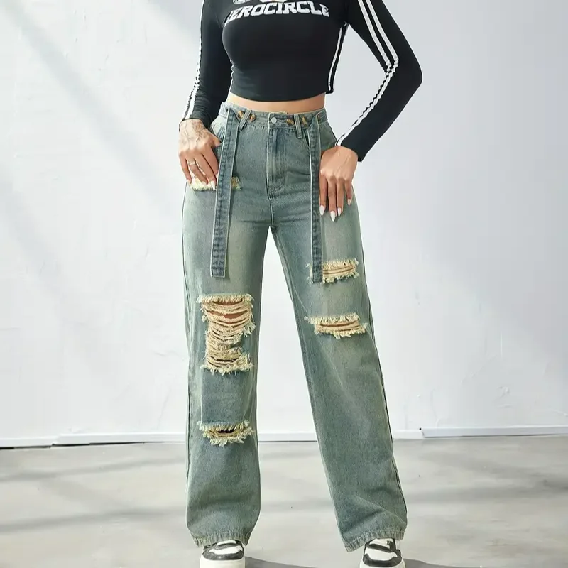 women casual high waist elegant ripped straight leg jeans fashion non-stretch denim distressed wide leg pants