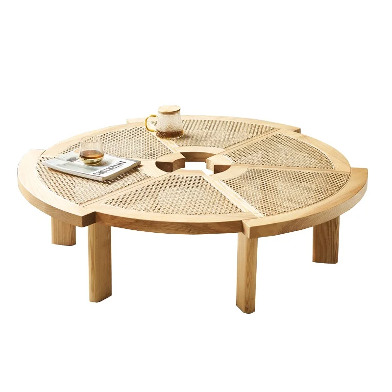 Japanese style centre round cane wood rattan table