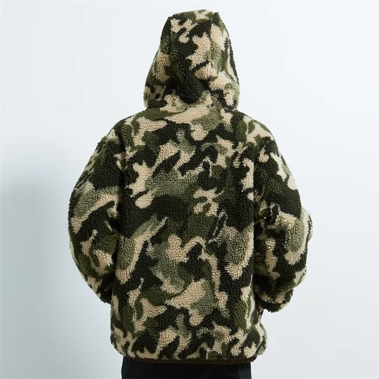 Custom men  fuzzy shearling berber fleece camo sherpa hoodie
