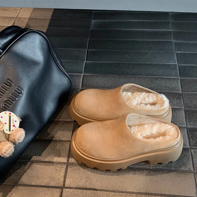 Kemayanni New Arrival Winter Leather Baotou Boken High Heels Thick Bottom Warm Fury Slippers
