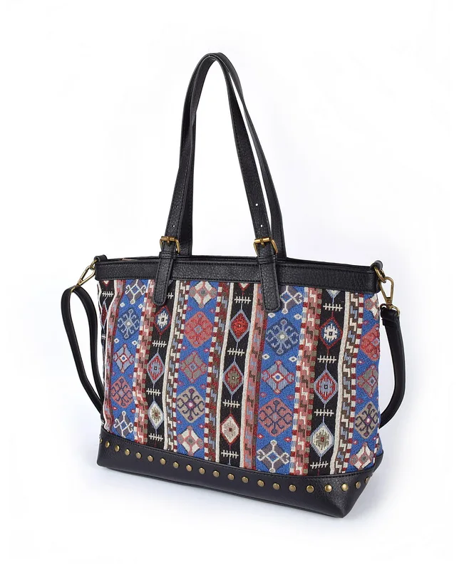 Women National style shoulder bag Tote Bag Pu Leather Jacquard fabric Vintage Style Casual Handbag High Quality Shopping Bag