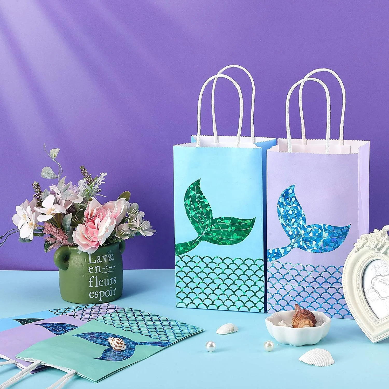 Mermaid Eco Party Favors Bags Presents Bag Set Little Mermaids Tail Goodies Bag For Candy, Chocolate, Accessories