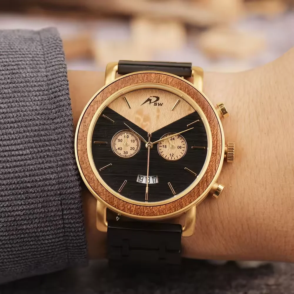 factory supply wooden combined solid wood stainless steel watches high quality unique waterproof men quartz watches