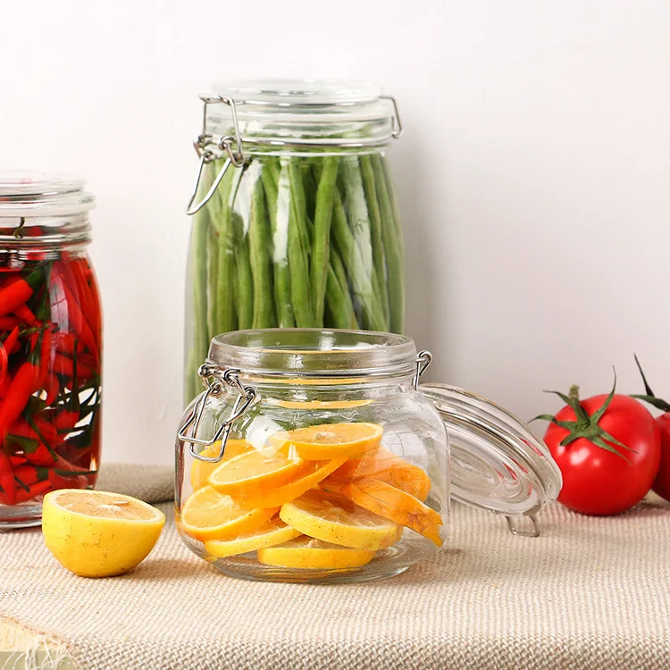 Wholesale Custom Best Custom Logo Flip Top Jam Jar Prep Naturals Glass Food Storage Containers With Metal Clip Lock