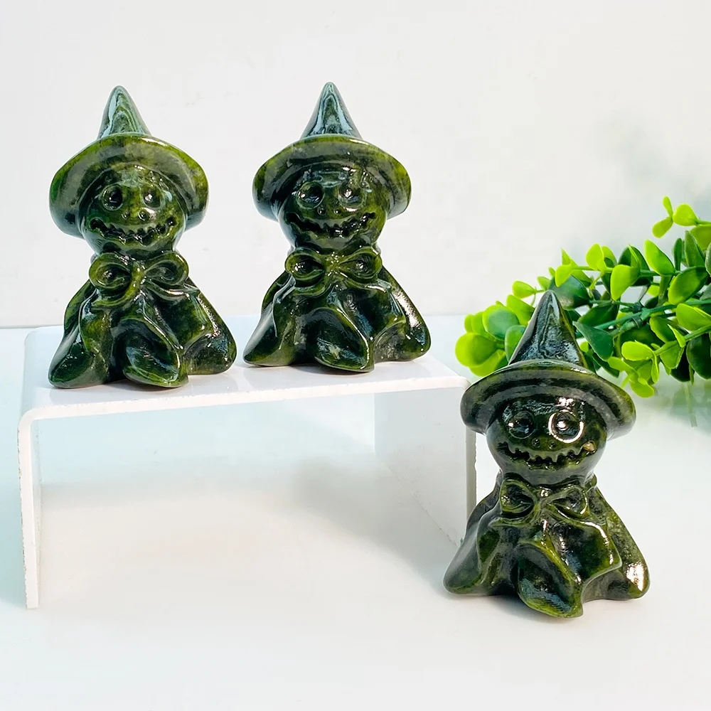 Natural Healing Gemstone Crystal Black Obsidian And Green Jade Witch Carvings For Home Decoration Gifts