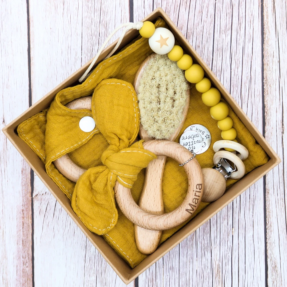 Newborn Shower Gift Set Box Souvenir Baby Cotton Blanket Teething Baby Rattle Milestone Wooden Toy Set