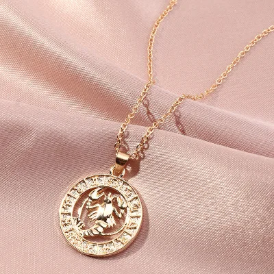 
Fashion Jewelry 12 Zodiac Image Sign Solid Golden Coin Pendant Necklace Chain Link Necklaces For Women 