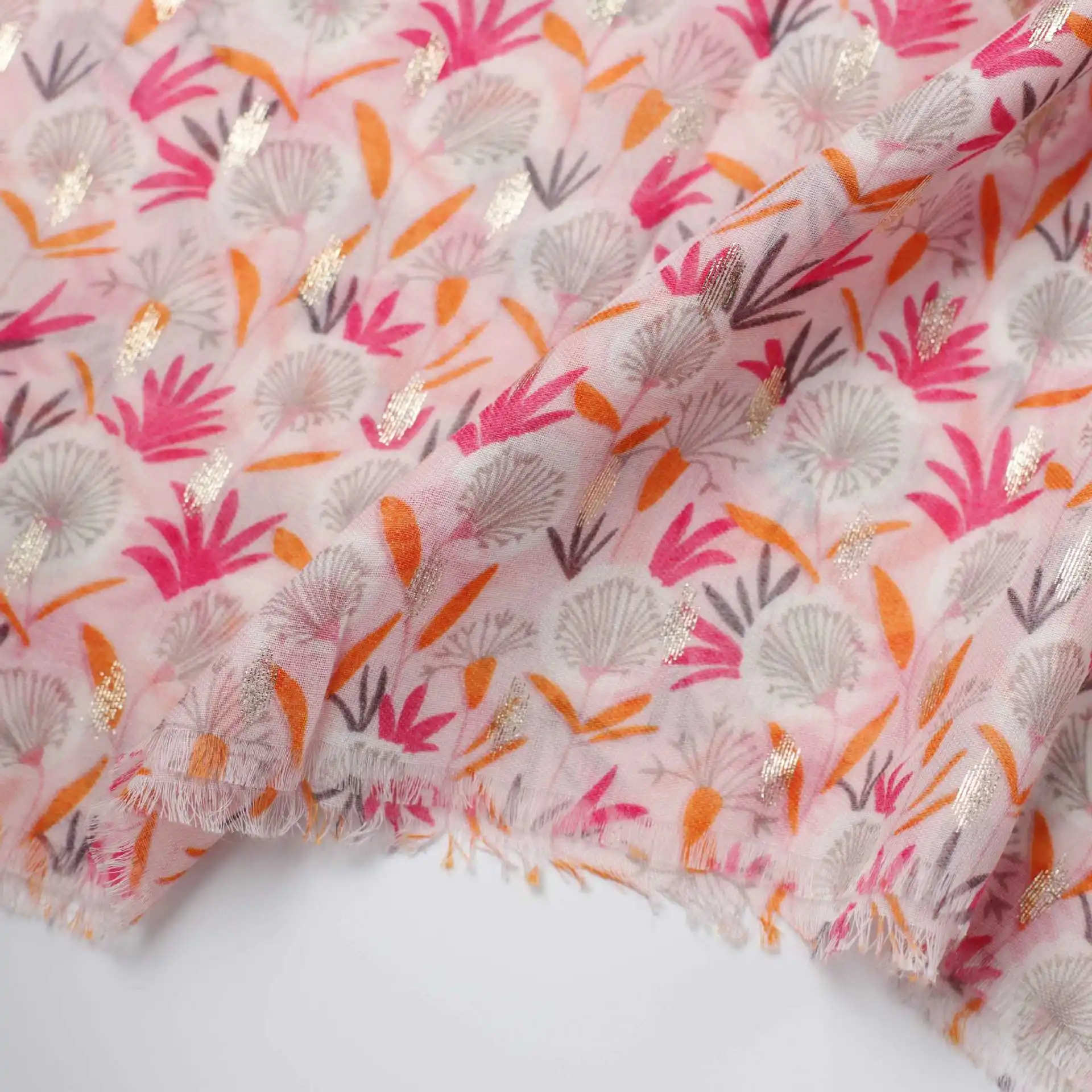 OEM ODM Custom Design Pink Floral Printed Scarves Hijab Spring High Quality Fashion Soft Viscose Cotton Shawls Scarf for Women