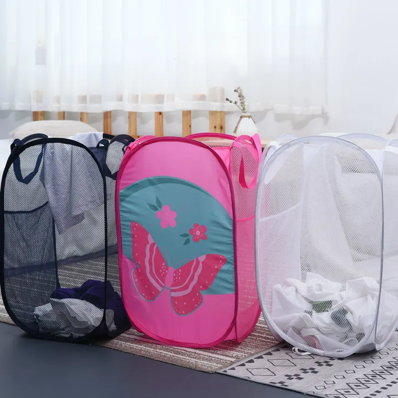 Modern washable folding collapsible mesh hanging laundry dirty clothes storage basket hamper bag with handle