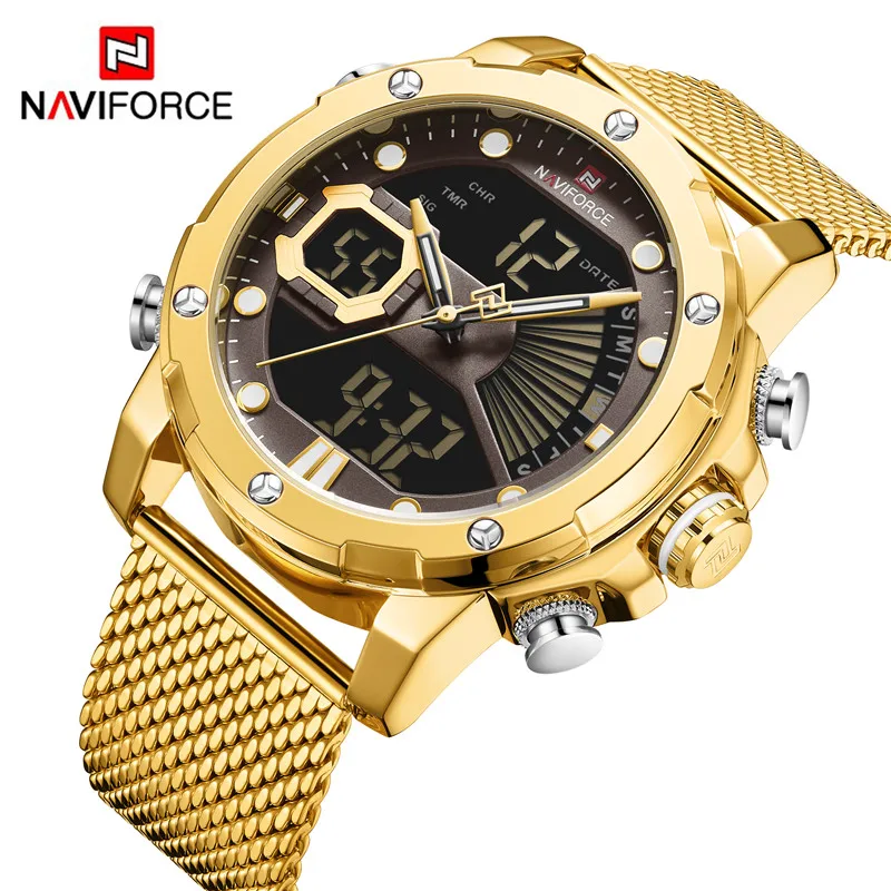 Мужские спортивные часы NAVIFORCE 9172 роскошные золотистые кварцевые Стальные водонепроницаемые цифровые наручные мужские