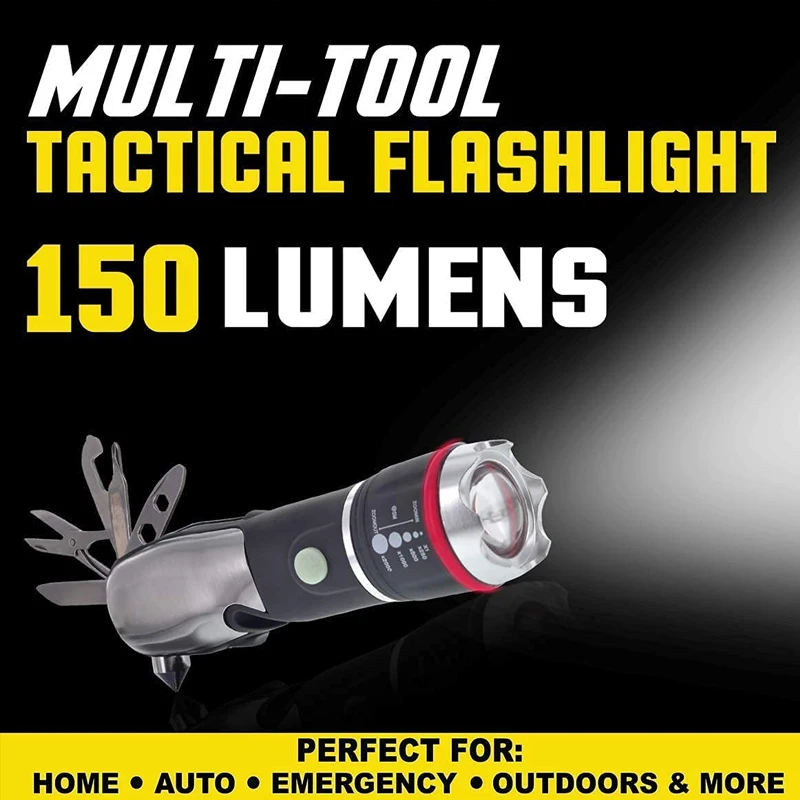 LED zoomable Stainless Steel 5 Piece Pocket Army Knife Tactical Multitool Flashlight With Seatbelt Cutter Window Glass Breaker