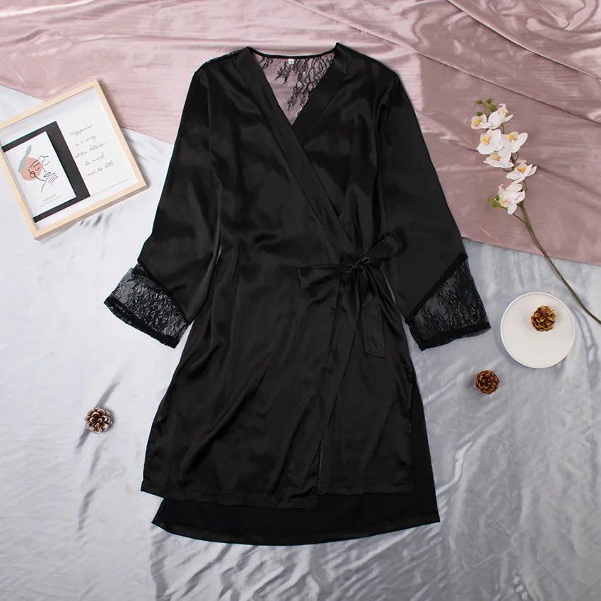 
Sexy Womens Lingerie Silky Satin Nighty Robes Black Wrap Nightgowns Ladies One Piece Pajamas Winter Plus Size Summer Breathable 